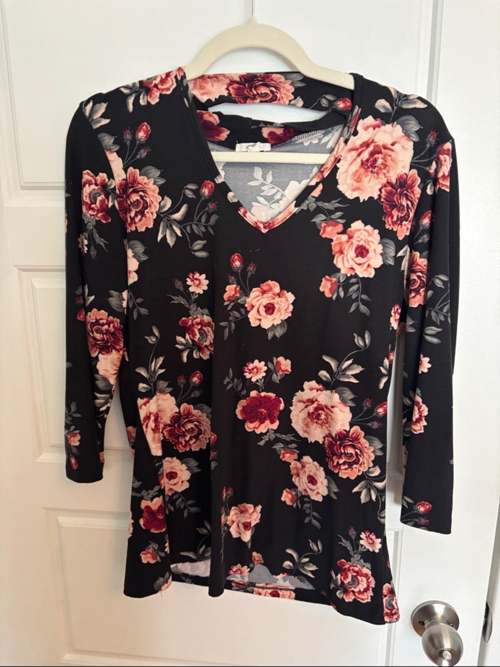 Ardene Black V-Neck Long Sleeve Top with Pink & Burgundy Floral Print